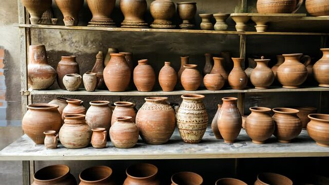 Rustic clay pottery display on wooden shelves: exploring traditional craftsmanship and artistic arrangements