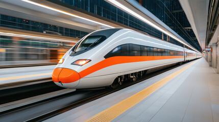 Obraz premium High speed bullet train in motion at modern station platform