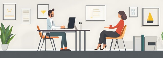A recruiter interviewing a candidate in a minimalist, well-designed office