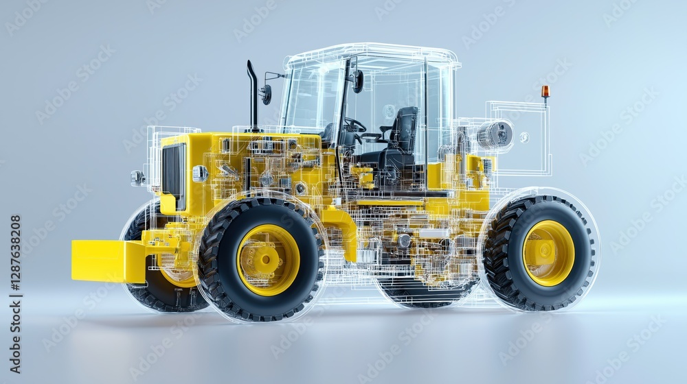 Poster transparent tractor: x-ray view of a yellow tractor showcasing its intricate internal mechanisms and