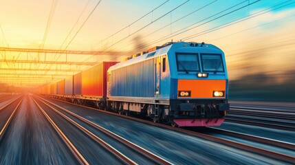 Obraz premium High speed freight train transporting colorful containers at sunset