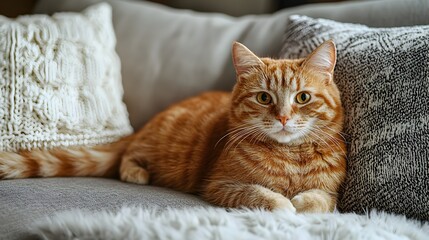 Cozy Ginger Cat Resting on Comfy Sofa Surrounded by Soft Pillows