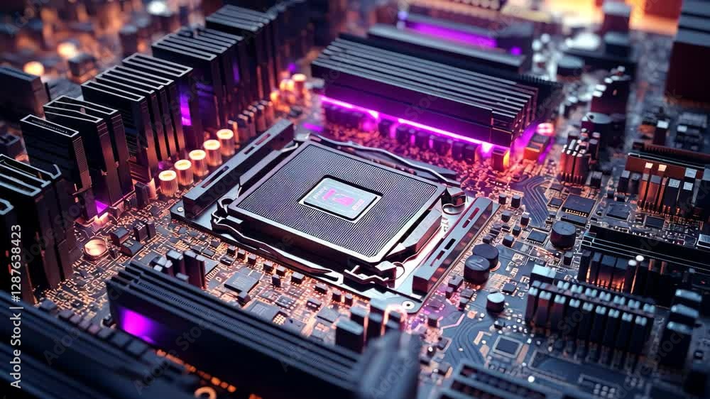 Poster vibrant pulsating lights illuminate a dark motherboard in a dynamic display of energy and technology