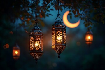 Illuminated lanterns at dusk, moonlit garden