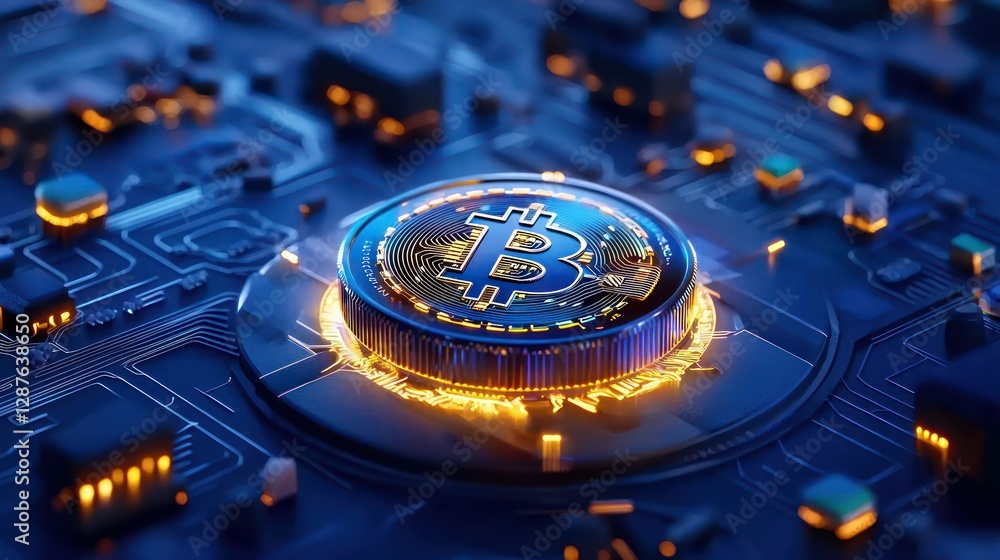 Poster bitcoin on circuit board: a close-up view of a gleaming bitcoin symbol, centrally positioned on a de
