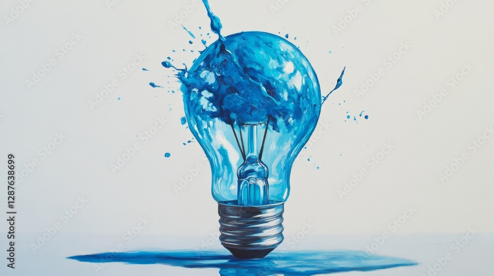 Poster lightbulb with splashing blue paint, symbolic representation. creativity and innovation concept