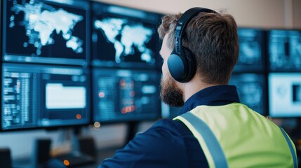 Efficient logistics hub with worker monitoring data on multiple screens