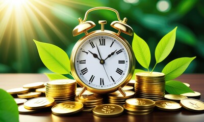 Time and money symbolized by gold coins and clock in lush natural setting