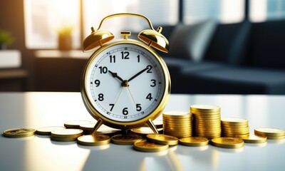 Golden alarm clock and coin stacks reflecting time and wealth in modern office setting