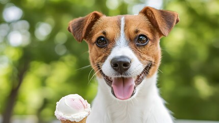 Happy Dog Enjoying Ice Cream Cone in Summer's Warm Sunshine