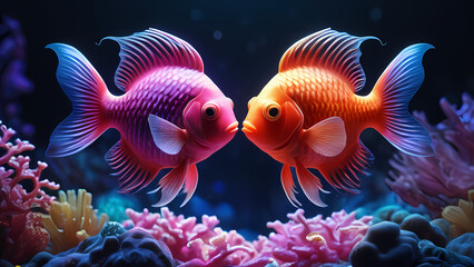 Fototapeta premium Vibrant goldfish interact in a colorful coral reef during an underwater exploration at dusk. Generative AI
