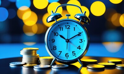 Time and money concept with alarm clock and coins against blurred lights