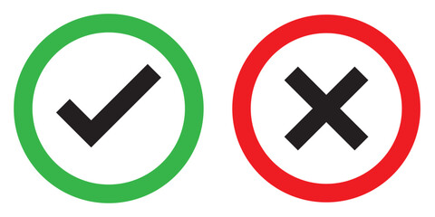 Obraz premium Check mark and red cross mark icon set. Isolated tick and cross symbols, checklist signs. Checkmark and x or confirm and deny line art colored icon for apps and websites. Vector illustration