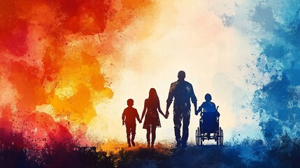Fototapeta premium A vibrant watercolor illustration of a silhouetted family walking hand in hand, symbolizing unity and resilience. Perfect for World Disability Day and related uses.