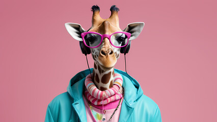 Giraffe wearing glasses and headphones in a colorful outfit against a pink background. Generative AI