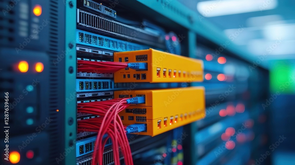 Poster a close-up view of network switches and cables in a data center, showcasing a vibrant mix of colors 