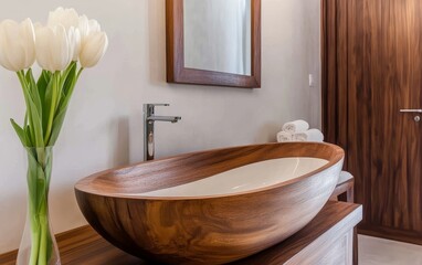Elegant wooden bowl sink with fresh tulips in a modern bathroom setting, showcasing tranquility