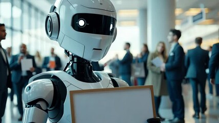 Robot presenter engaging in corporate environment with diverse professionals