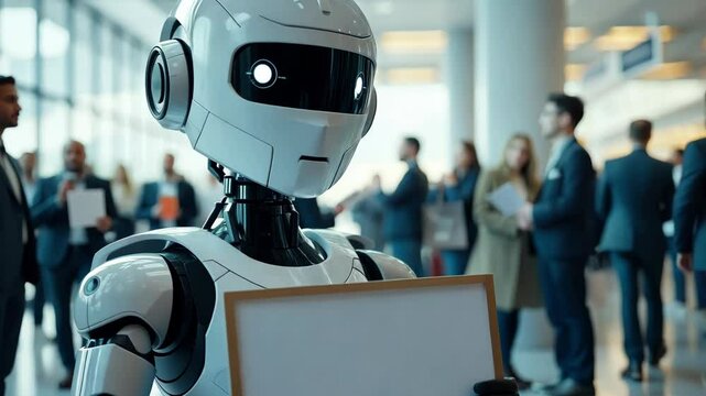 Robot presenter engaging in corporate environment with diverse professionals