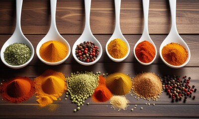 Variety of colorful spices in white spoons on wooden table for culinary inspiration