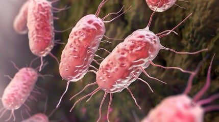 A detailed microscopic view of Salmonella bacteria is shown in the image. The Salmonella bacteria, under the microscope, exhibit their specific shapes and arrangements. Surrounding the bacteria, there