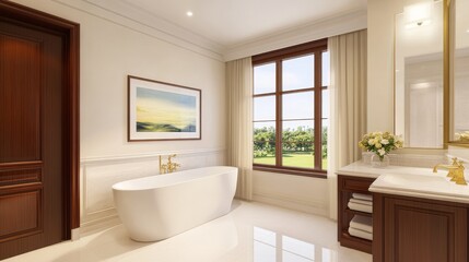 Modern bathroom interior featuring a freestanding tub, elegant fixtures, and scenic window view