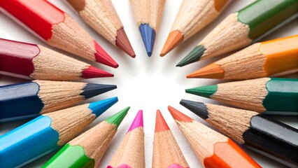 Naklejka premium Vibrant Circular Arrangement of Colorful Pencils with Sharpened Tips on White Background