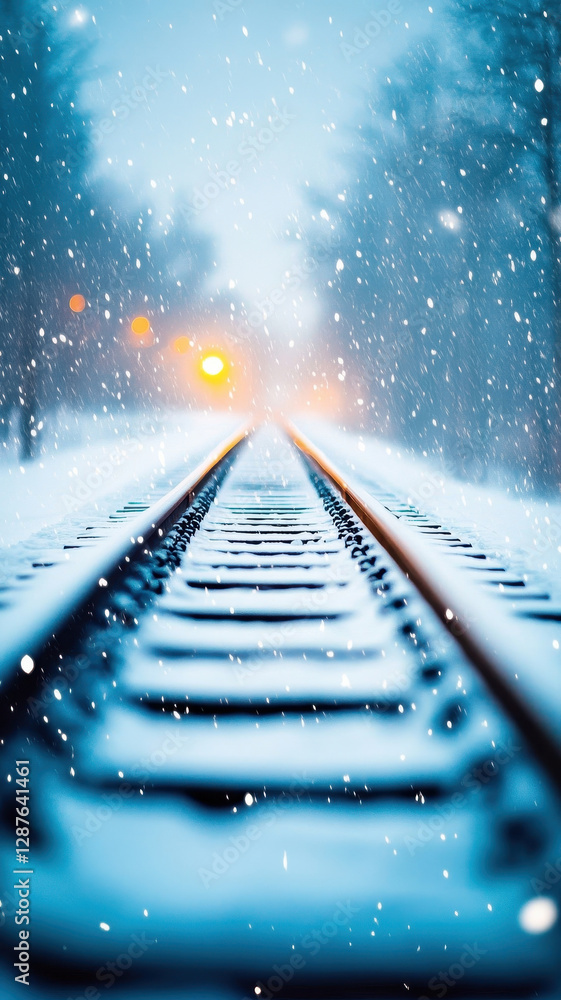 Aufkleber winter snowfall over railway track creates nostalgic atmosphere. soft glow of lights in distance add