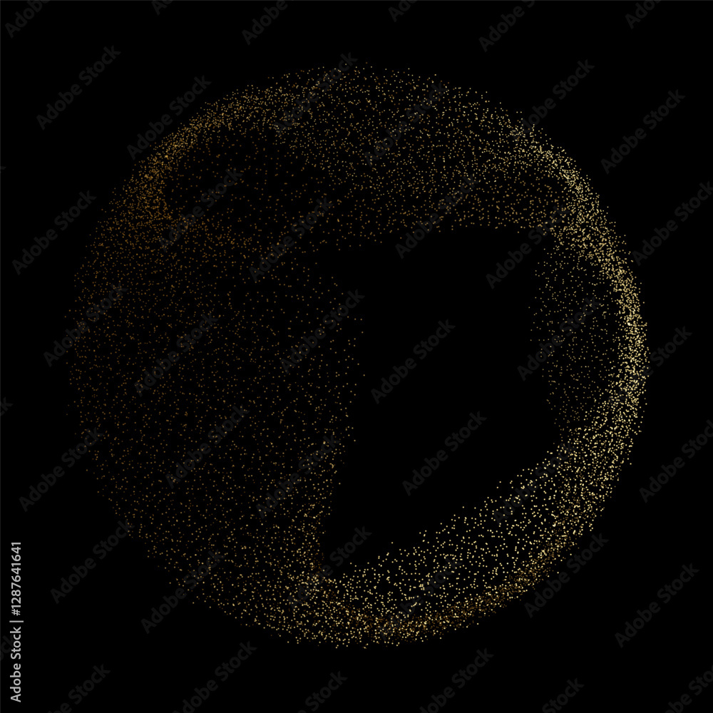 Aufkleber Abstract vector dot particles fluid flowing round shape wavy smooth curve gold gradient light on black background in concept of luxury, technology, science, music, modern.