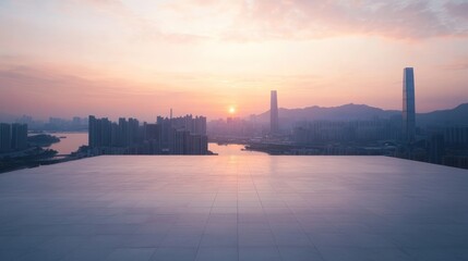Naklejka premium Sunrise Cityscape: Panoramic View from Elevated Platform
