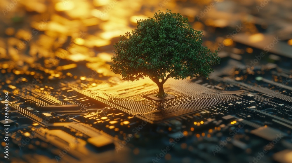 Poster Tree growing from a computer circuit board with glowing elements, symbolizing technology and nature harmony. Environmental sustainability and innovation concept