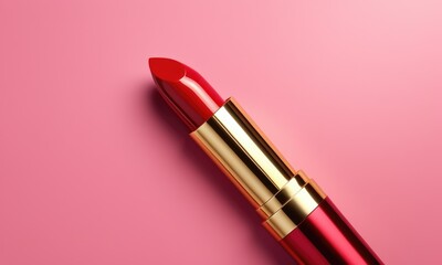 Shiny red lipstick on pink background with gold details reflecting elegance and glamour