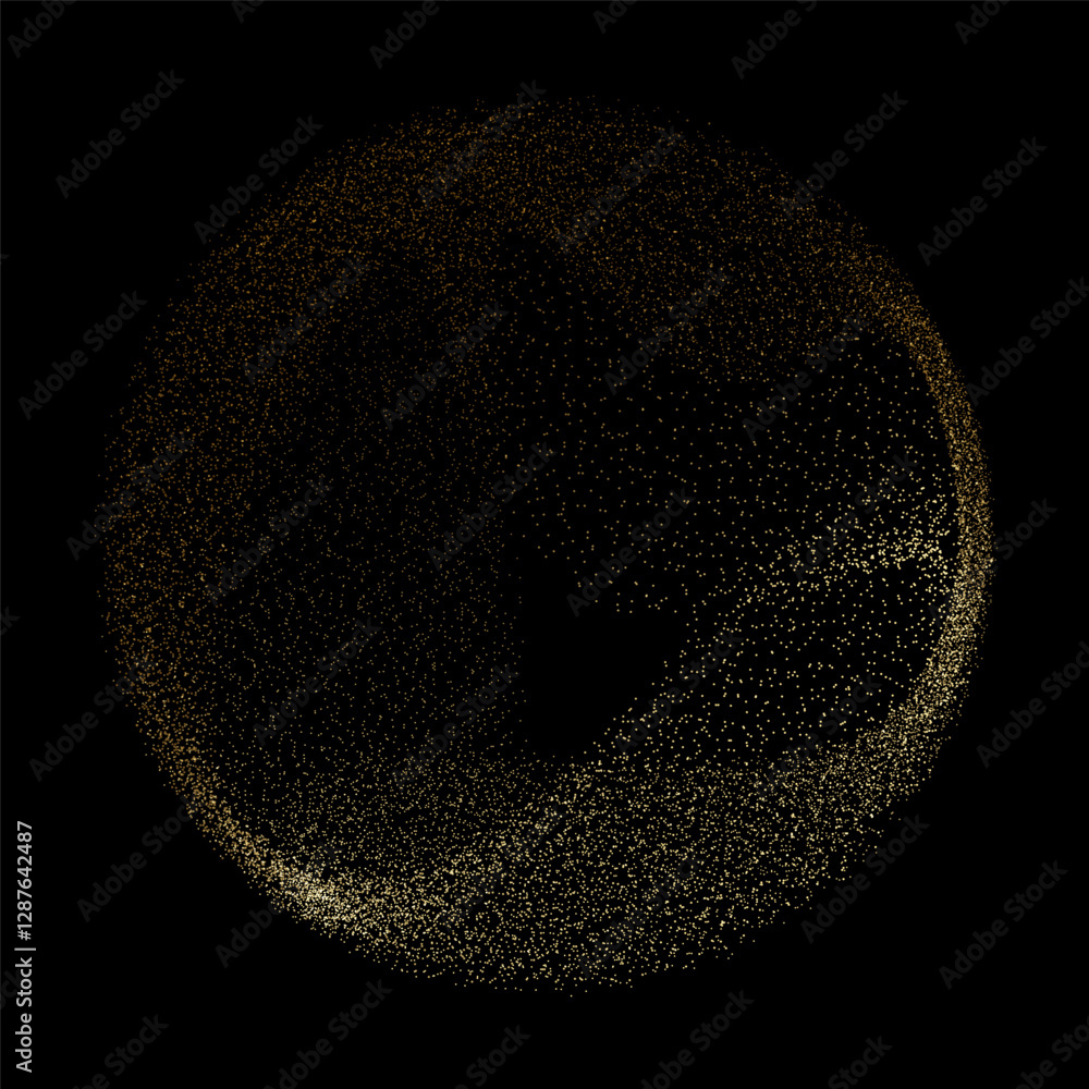 Poster Abstract vector dot particles fluid flowing round shape wavy smooth curve gold gradient light on black background in concept of luxury, technology, science, music, modern.