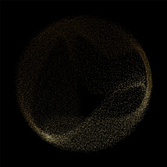 Abstract vector dot particles fluid flowing round shape wavy smooth curve gold gradient light on black background in concept of luxury, technology, science, music, modern.