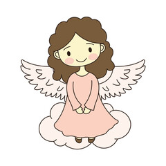 Cheerful Beautiful Cute Winged Little Girl Angel Cartoon Character on Cloud in the Sky