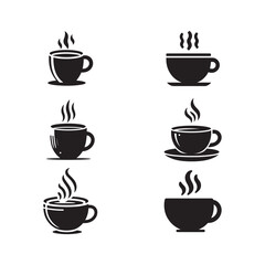 Obraz premium Black Coffee Cup Icons Set, Hot Beverage Symbol, Cafe Logo, Espresso and Tea Mug Silhouettes, Coffee Shop Branding, Menu Design,