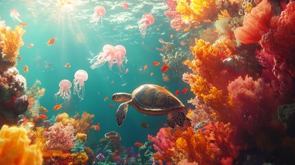 Obraz premium 47.A colorful underwater scene with turtles swimming among coral, jellyfish floating, and schools of fish passing by.