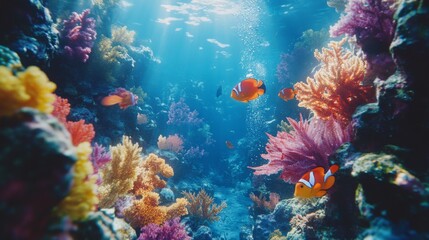 Naklejka premium 92.92. A coral reef being explored by divers, with bright tropical fish swimming through vibrant coral formations.