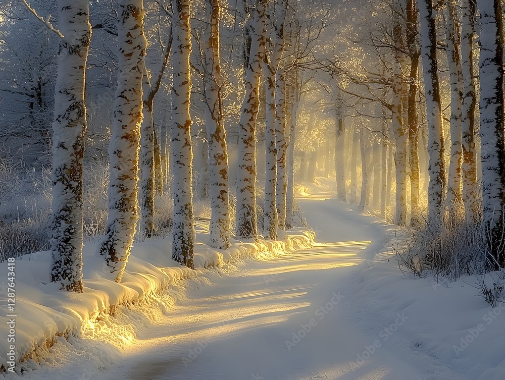 Poster glowing snowy forest path with frosted trees and soft sunlight