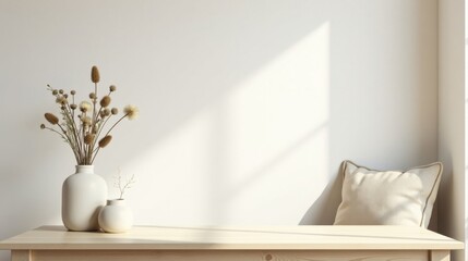 Serene Minimalist Home Decor Scene with Dried Flowers in Ceramic Vases and a Soft Neutral Pillow on a Light Wooden Table