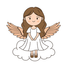 Cheerful Beautiful Cute Winged Little Girl Angel Cartoon Character on Cloud in the Sky