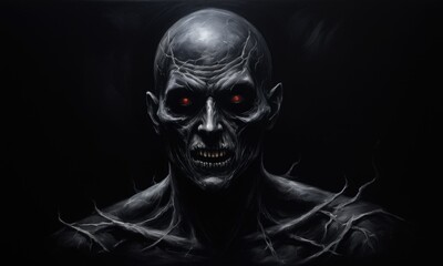 Dark fantasy horror portrait of a skeletal figure with red eyes and cracked skin