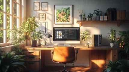 A cozy yet professional home office, call center agent handling a customer query, working on a high-end desktop with multiple tabs open, noise-canceling headphones on,