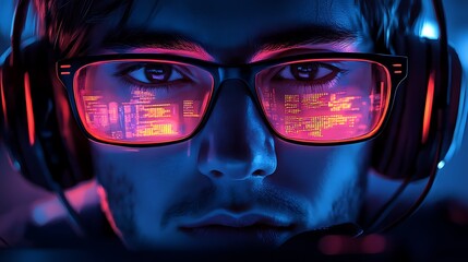 A dedicated call center agent working overnight, wearing noise-canceling headphones, focused expression illuminated by dual computer screens,