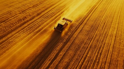 45.A golden wheat field at harvest time, with a combine harvester working under the warm sun.