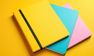 Colorful notebooks arranged on bright yellow background with black elastic bands