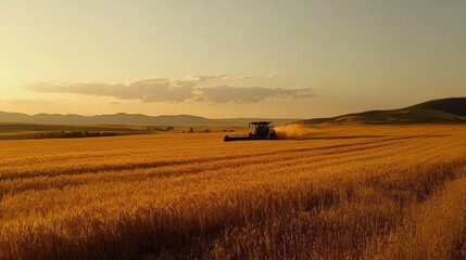 Obraz premium 45.A golden wheat field at harvest time, with a combine harvester working under the warm sun.