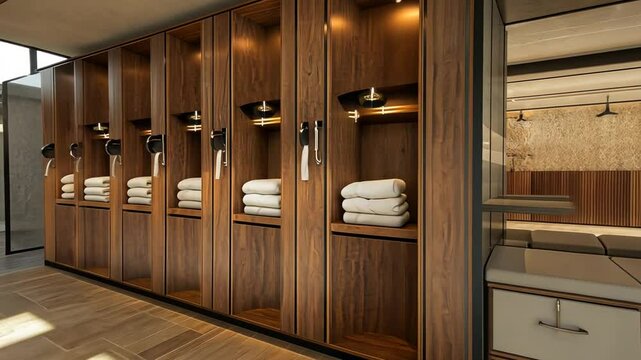 Elegant Locker Room Interior Design with Wooden Lockers and Stylish Accents