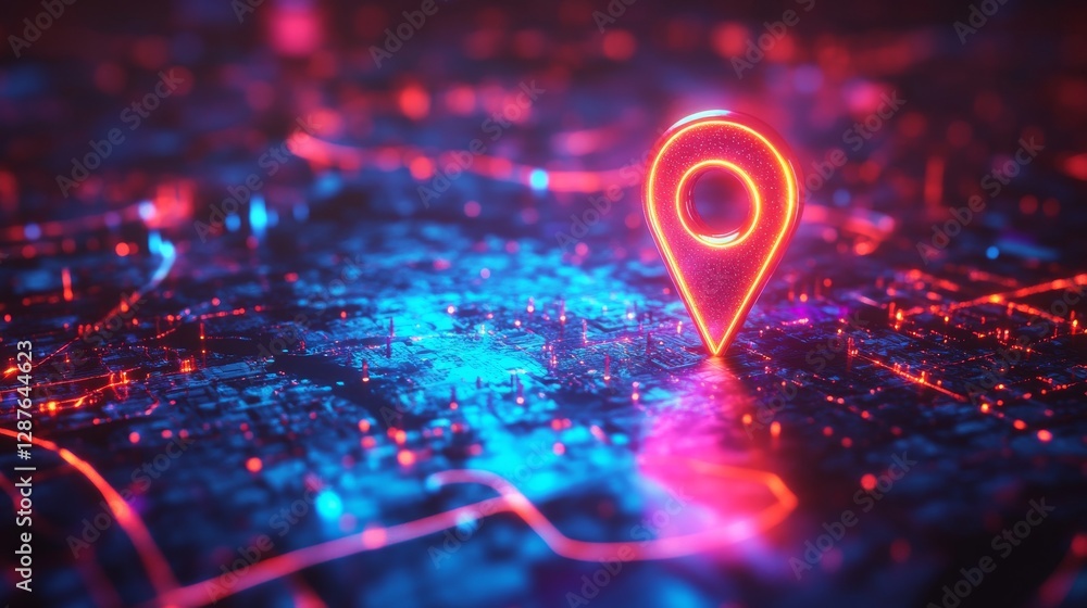 Poster Neon red geolocation pin hovering over a digital city map with glowing blue and red hues, technology and navigation concept