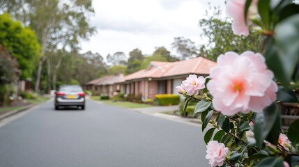 Suburban street with pink flowers and houses. Possible use for residential real estate marketing